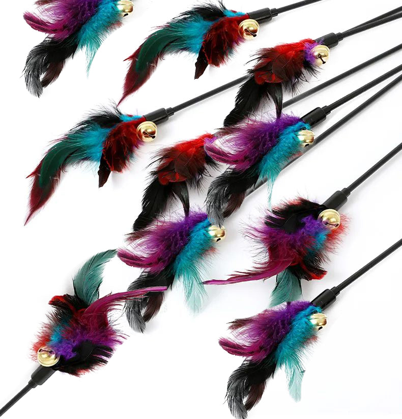 Rainbow Color Feather Toys Funny Cat Stick Plush Feathers with Bells Teaser S...