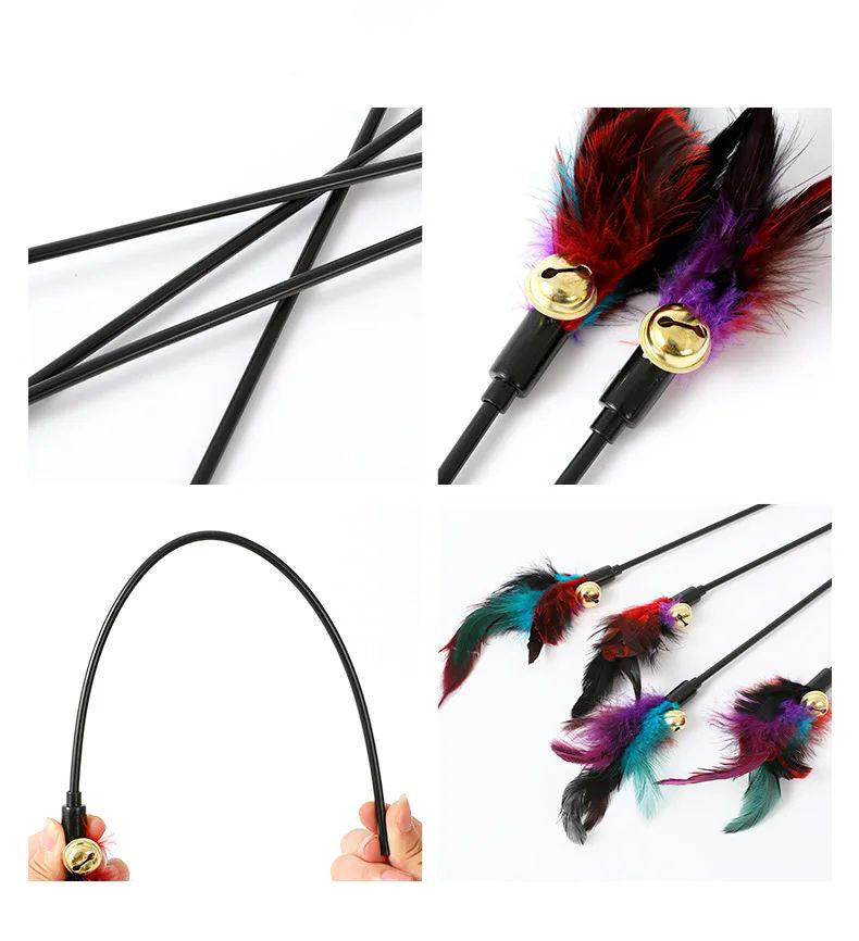 Rainbow Color Feather Toys Funny Cat Stick Plush Feathers with Bells Teaser S...