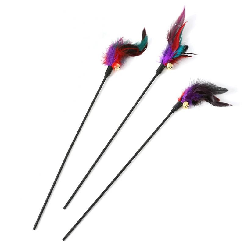 Rainbow Color Feather Toys Funny Cat Stick Plush Feathers with Bells Teaser S...