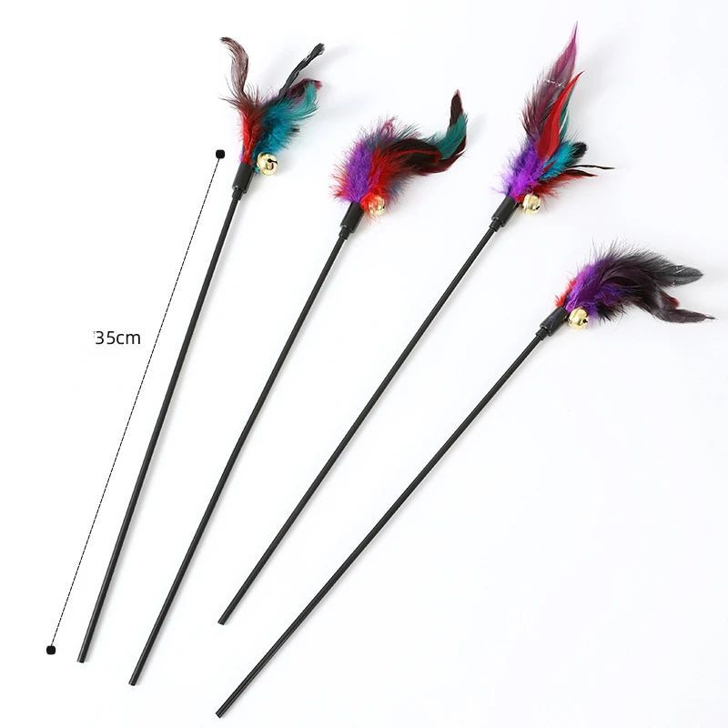 Rainbow Color Feather Toys Funny Cat Stick Plush Feathers with Bells Teaser S...