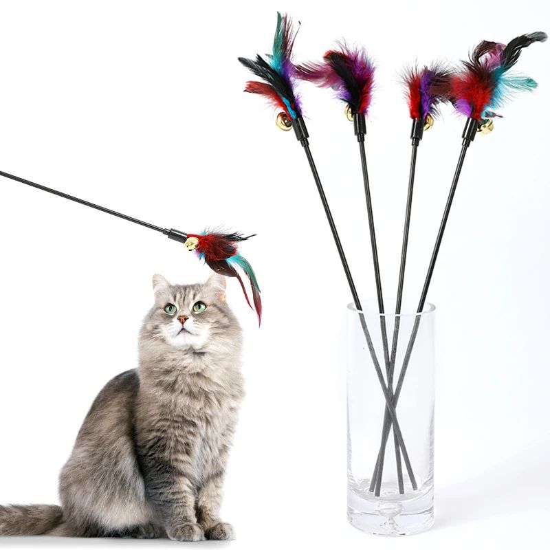 Rainbow Color Feather Toys Funny Cat Stick Plush Feathers with Bells Teaser S...