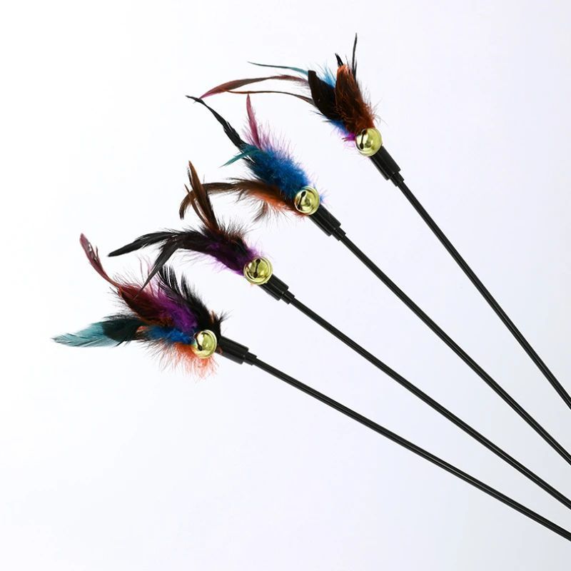 Rainbow Color Feather Toys Funny Cat Stick Plush Feathers with Bells Teaser S...