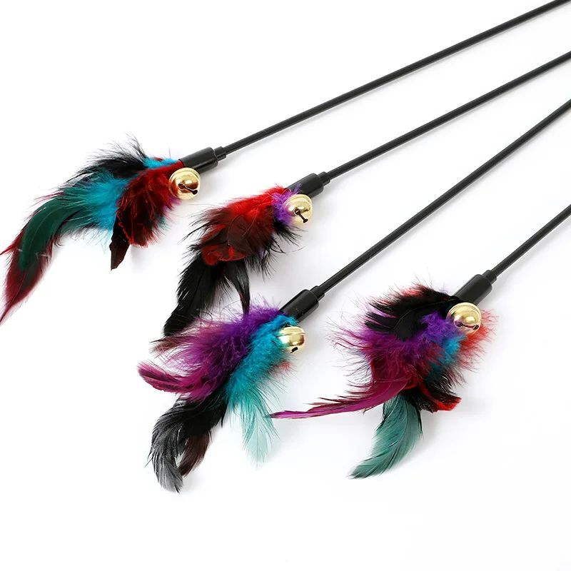Rainbow Color Feather Toys Funny Cat Stick Plush Feathers with Bells Teaser S...